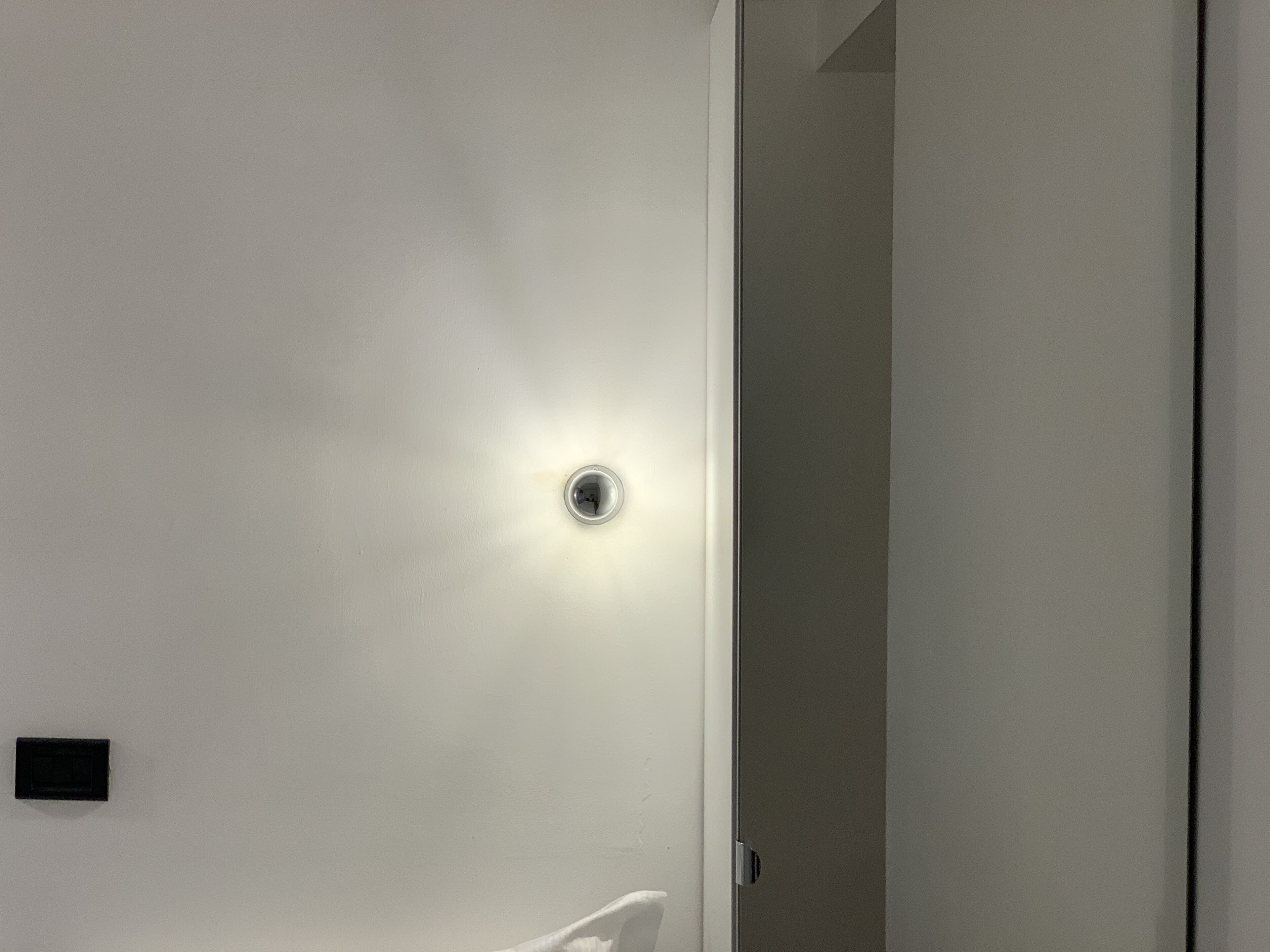 Une porte blanche avec un interrupteur et un petit objet noir accroché au mur.