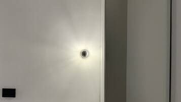 Une porte blanche avec un interrupteur et un petit objet noir accroché au mur.