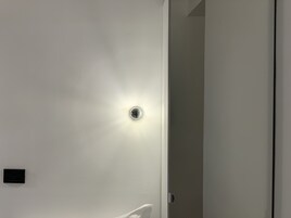 A white door with a light switch and a small black object on the wall.