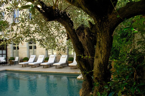 Outdoor pool, pool umbrellas, pool loungers