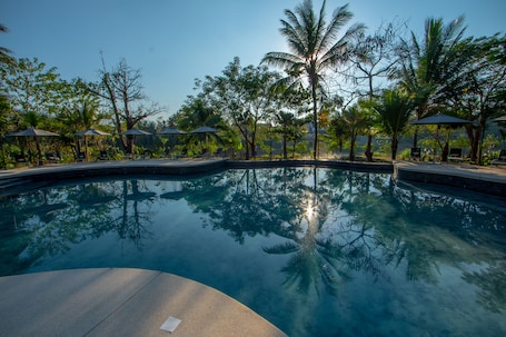 Una piscina al aire libre, sombrillas, sillones reclinables de piscina
