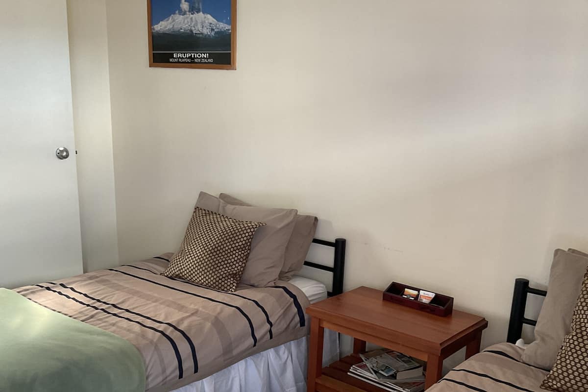 A room with two single beds, a wooden nightstand with a book and a small table, and a framed picture of a mountain on the wall.