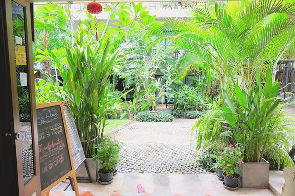 A lush indoor garden with a chalkboard sign displaying business hours and contact information. - Blue Wave House (Koh Tao)