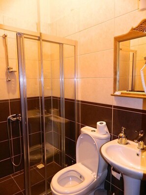 A bathroom with a glass-enclosed shower, a toilet, and a sink.