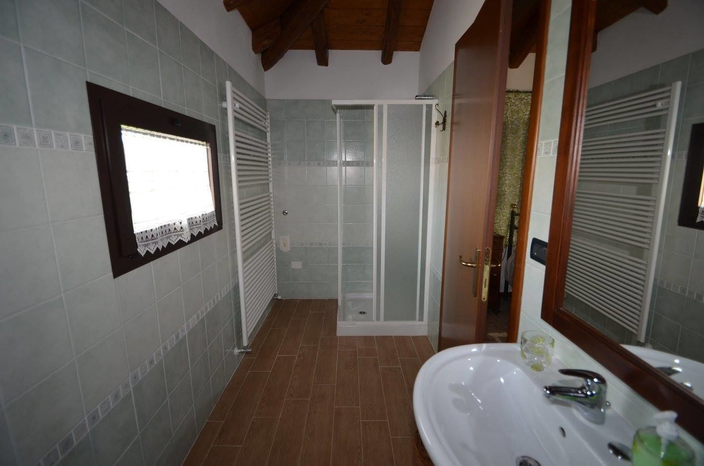 A bathroom with a shower, a sink, and a window.