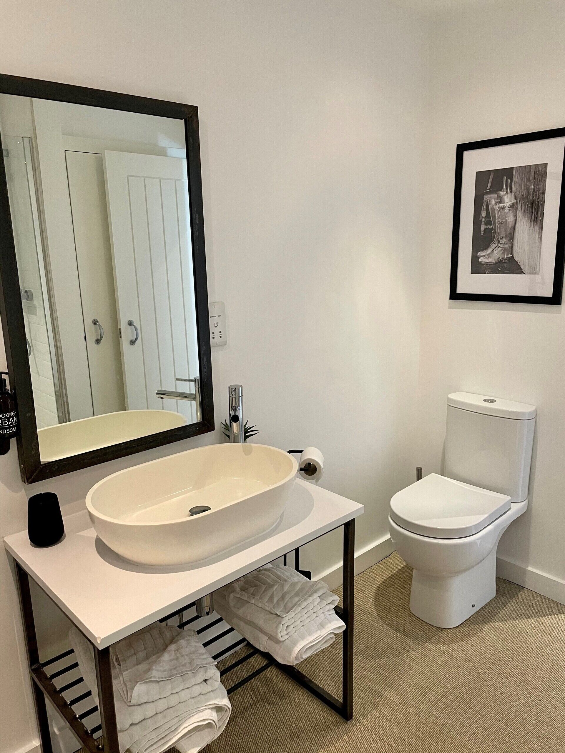 A bathroom with a white sink, a toilet, a mirror, and a framed picture on the wall.