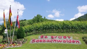 A vineyard with rows of grapevines, a sign reading "Es ist der Ort Sankt Sebastian", and flags on poles. - Hotel Engel (Sasbachwalden)