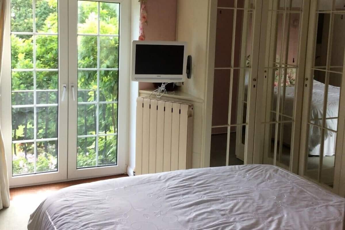 A bedroom with a bed, a television on a stand, a radiator, and a wardrobe with glass doors.