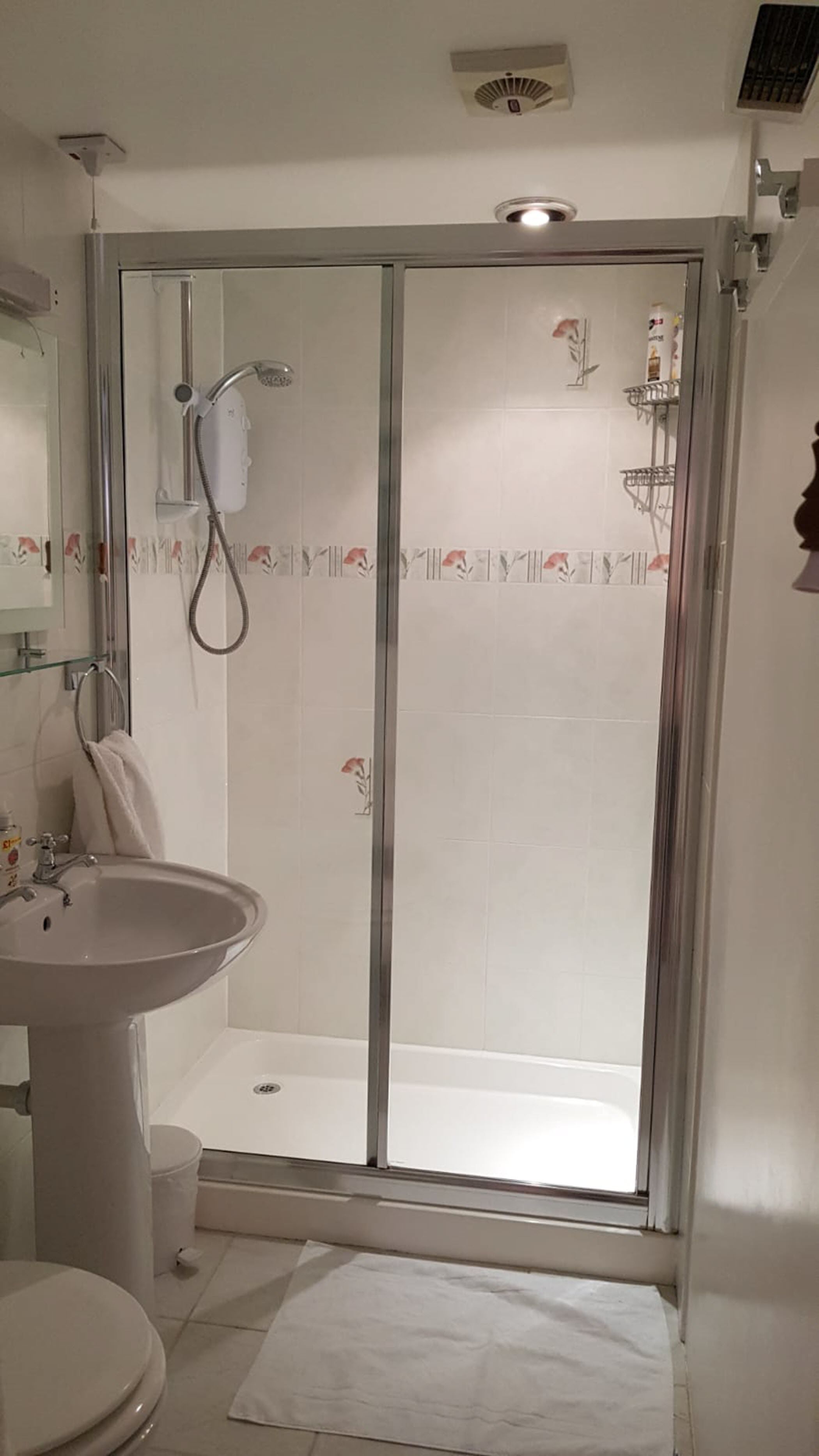 Une salle de bain avec une douche à parois de verre, un lavabo sur colonne et des toilettes.