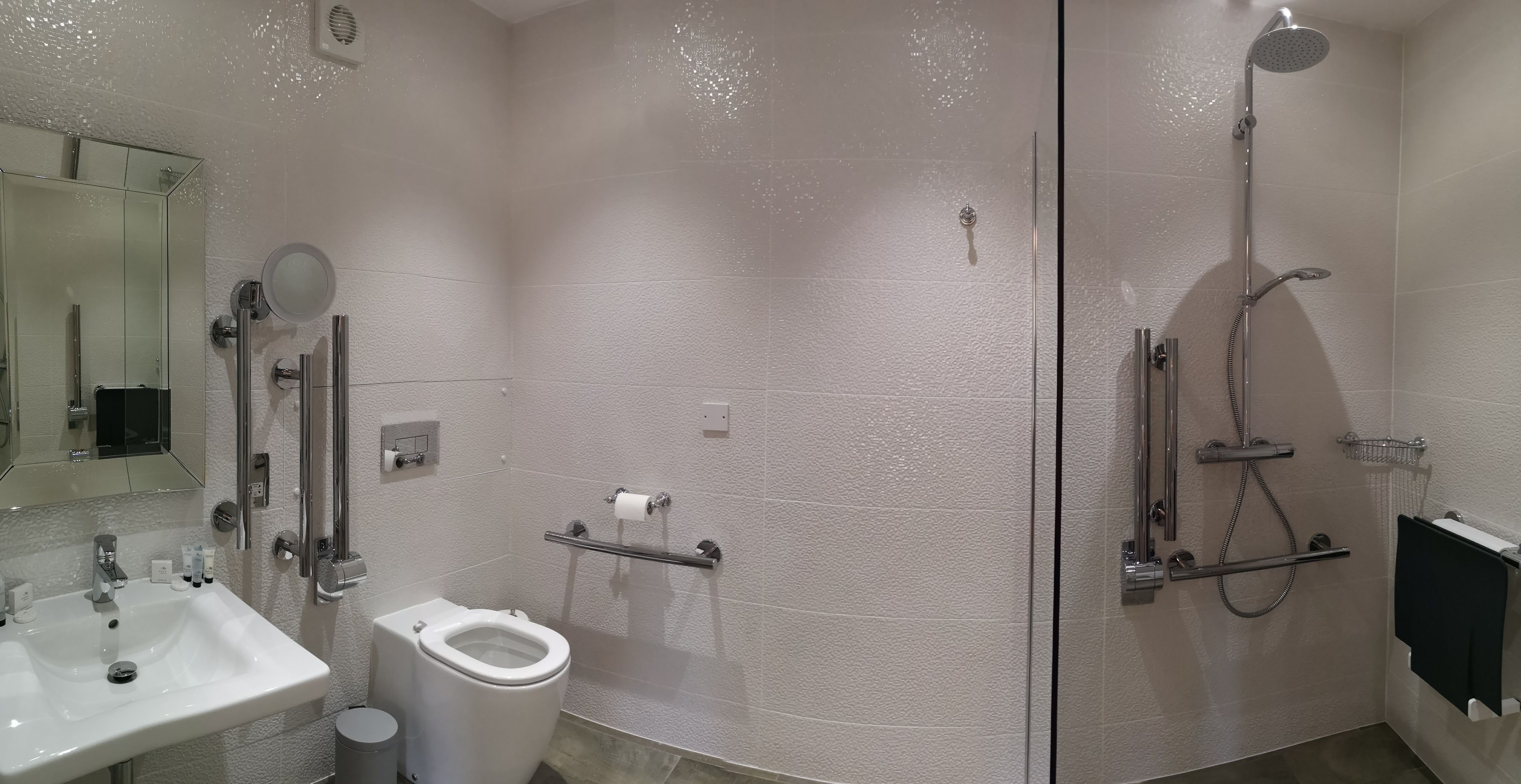 A bathroom with a white sink, toilet, and a shower area with a handheld showerhead.