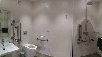 A bathroom with a white sink, toilet, and a shower area with a handheld showerhead.