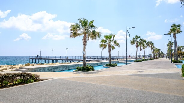 A coastal promenade with palm trees, a pier, and a clear sky. - Limassol Old Town Mansion (Limassol)