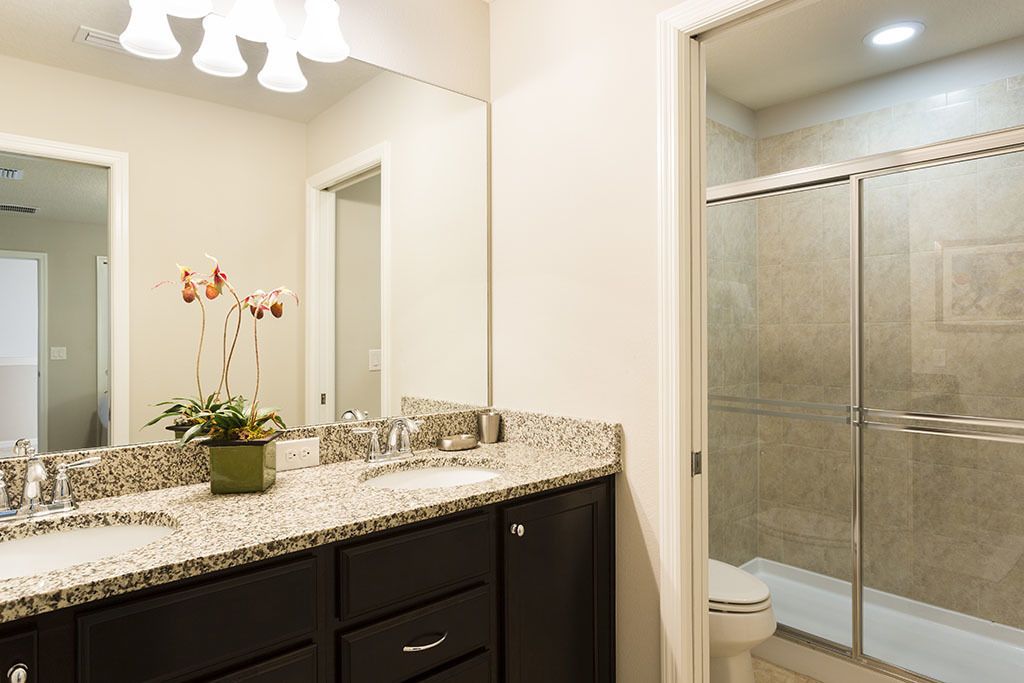 A bathroom with a granite countertop sink, dark cabinets, a potted orchid, a large mirror, and a glass shower enclosure.