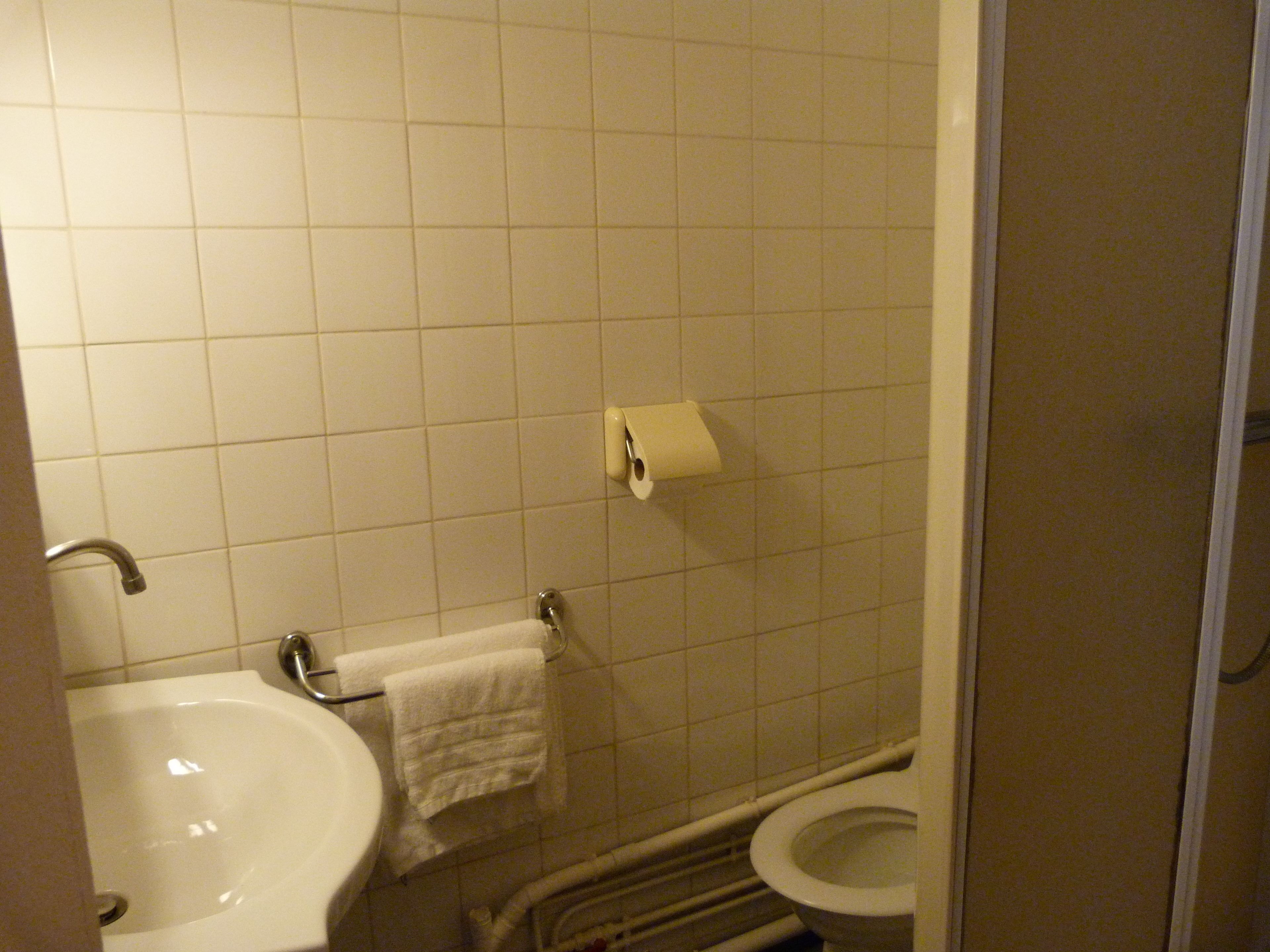 A bathroom with a sink, toilet, and a roll of toilet paper on the wall.
