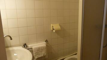 A bathroom with a sink, toilet, and a roll of toilet paper on the wall.