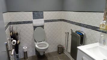 Une salle de bain équipée de toilettes, d’un bidet et d’un lavabo.
