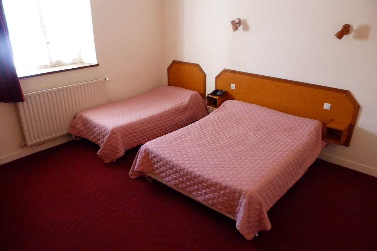 Une chambre avec deux lits simples, un radiateur, un téléphone et une fenêtre avec des rideaux.