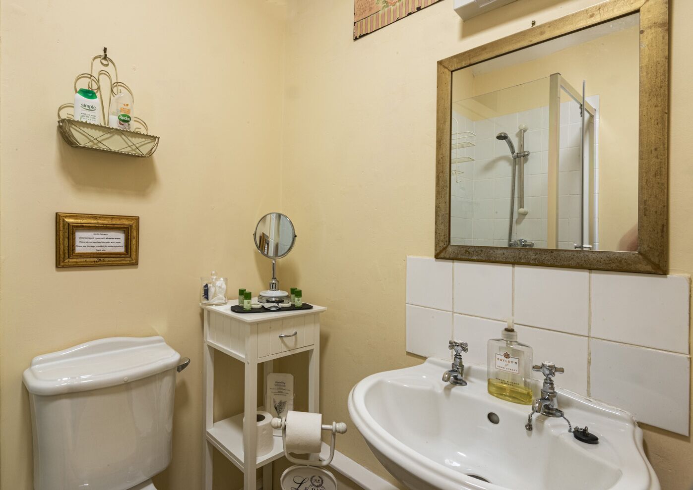 Une salle de bain équipée de toilettes, d’un lavabo, d’un miroir et d’une douche. On y trouve une étagère avec des articles de toilette et un panneau encadré accroché au mur.