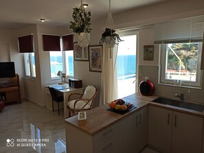 Duplex (Dimi) | Area soggiorno | TV a schermo piatto, caminetto, docking station per MP3