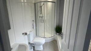 Un bagno moderno con doccia vetrata, un water bianco e un lavandino.