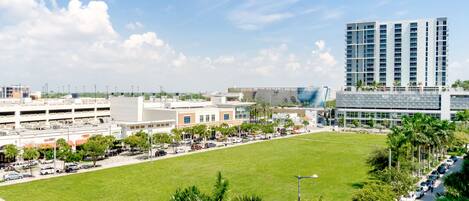 A large open grassy area with a parking lot and buildings in the background.