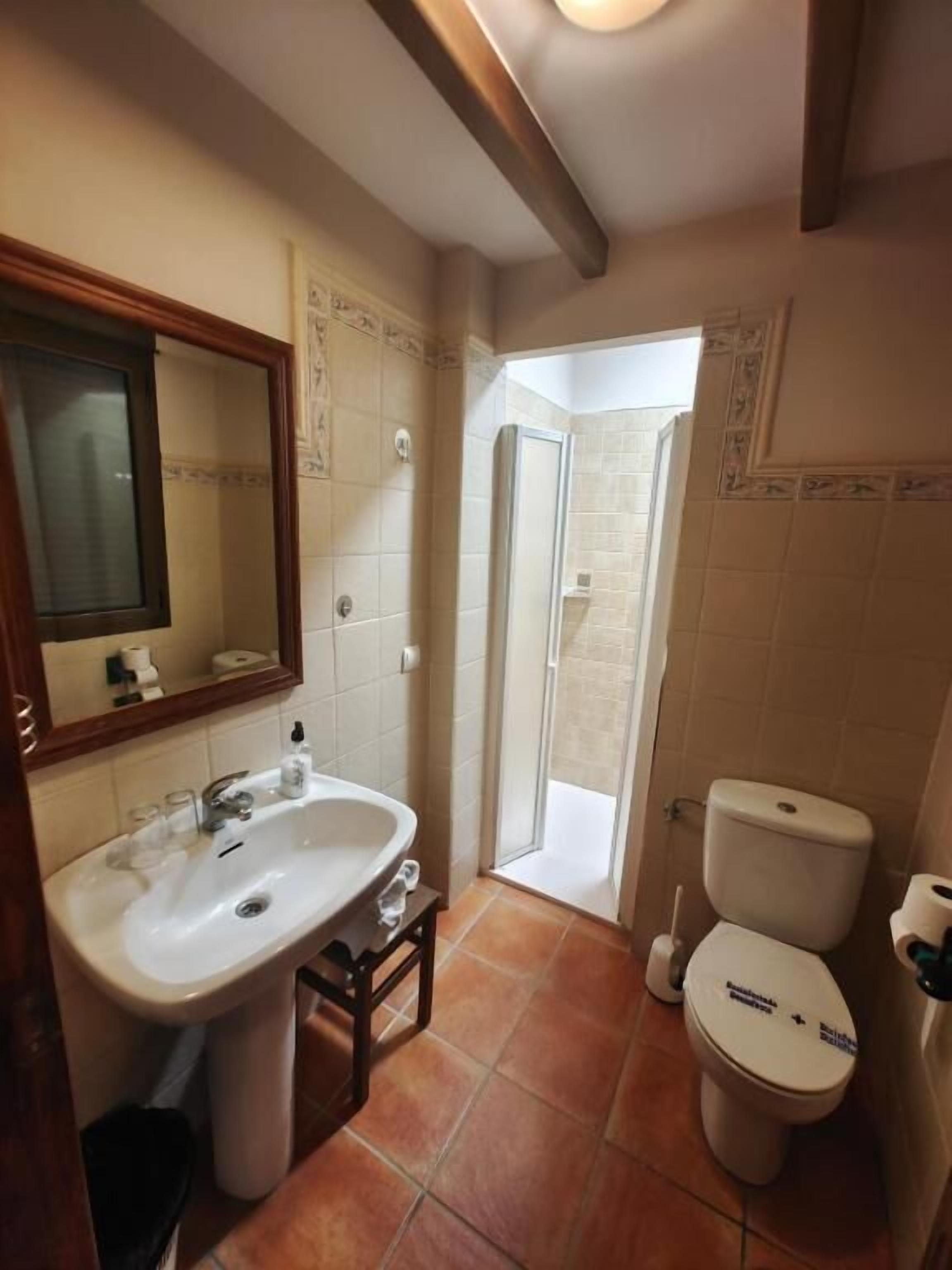 Un baño con lavamanos, inodoro y zona de ducha.