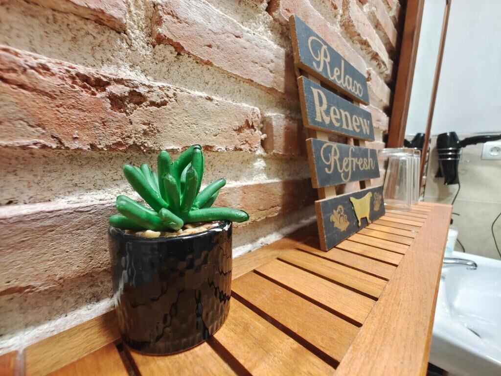 A potted succulent on a wooden table, a brick wall, and wooden signs with the words 'Relax,' 'Renew,' and 'Refresh.'