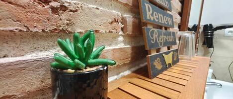 A potted succulent on a wooden table, a brick wall, and wooden signs with the words 'Relax,' 'Renew,' and 'Refresh.'