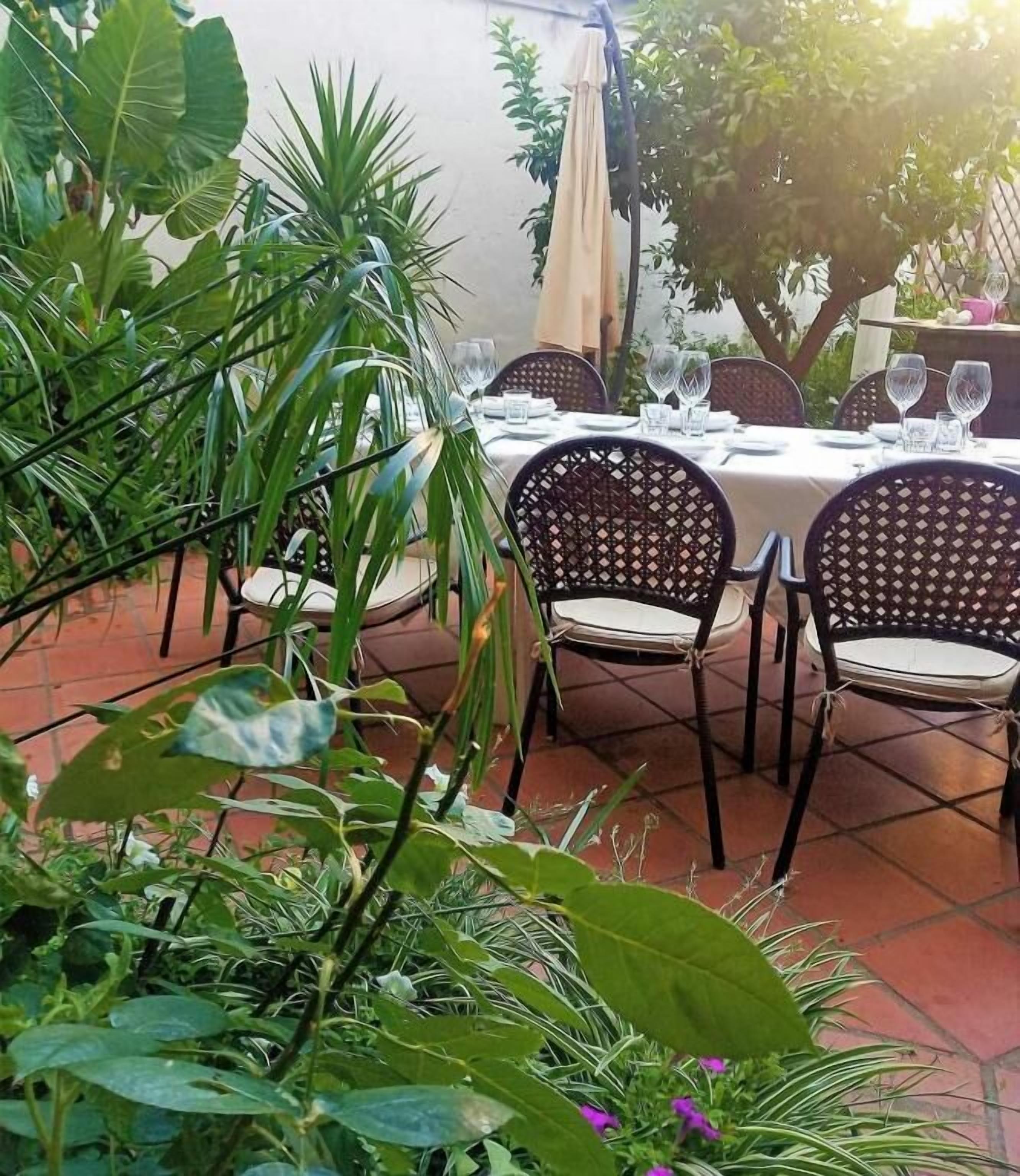 An outdoor dining area with a table set for four, surrounded by chairs, and lush greenery in the foreground.