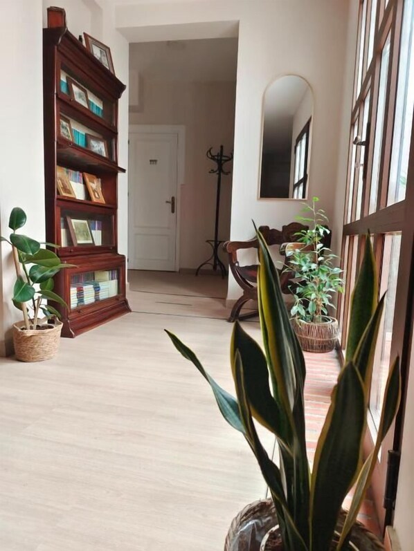 A hallway with a wooden bookshelf, a mirror, and potted plants.