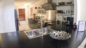 A modern kitchen with a black countertop, stainless steel sink, and a decorative bowl. - Shepherds Delight Apartment 5 Bedroom (Haines City)