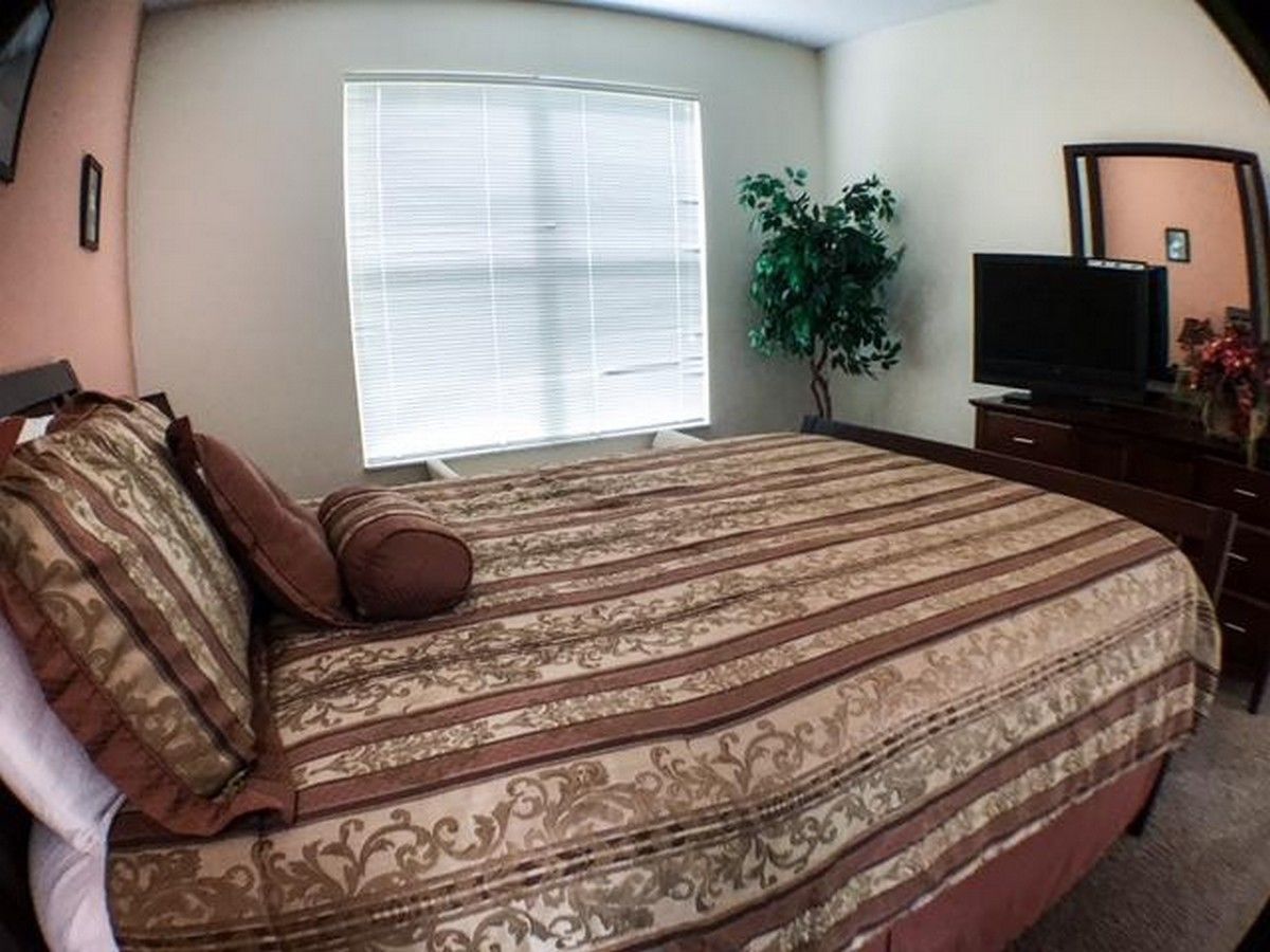 A bedroom with a large bed, a window with blinds, a potted plant, a dresser, and a television.