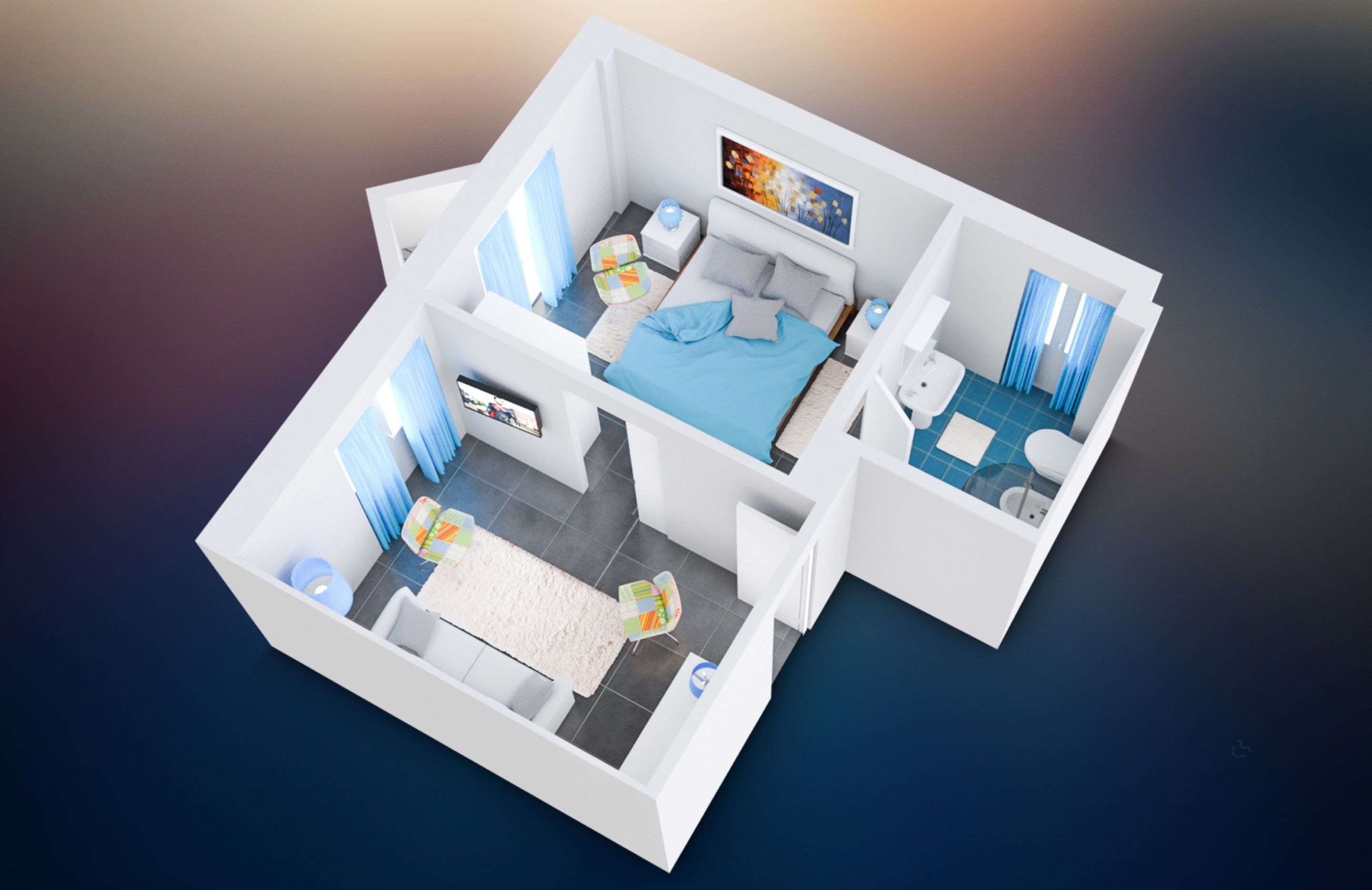 Un modelo tridimensional de una habitación de hotel con cama, escritorio, silla, televisión, baño y un pequeño balcón.