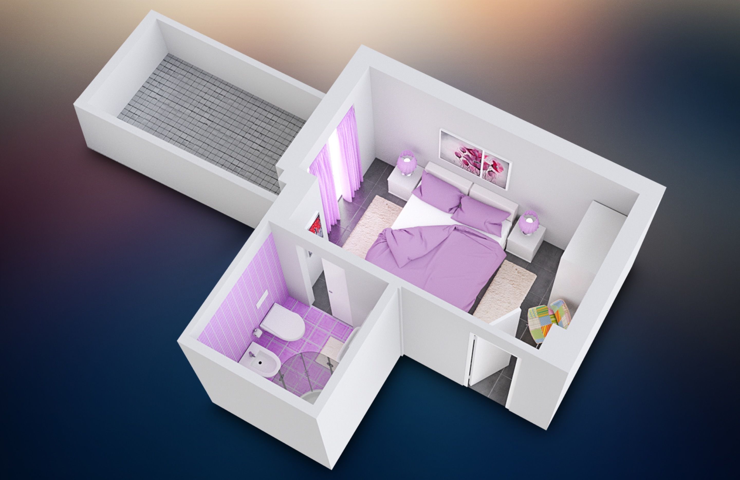 A 3D model of a modern hotel room with a bed, bedside table, and a bathroom with a toilet and sink.