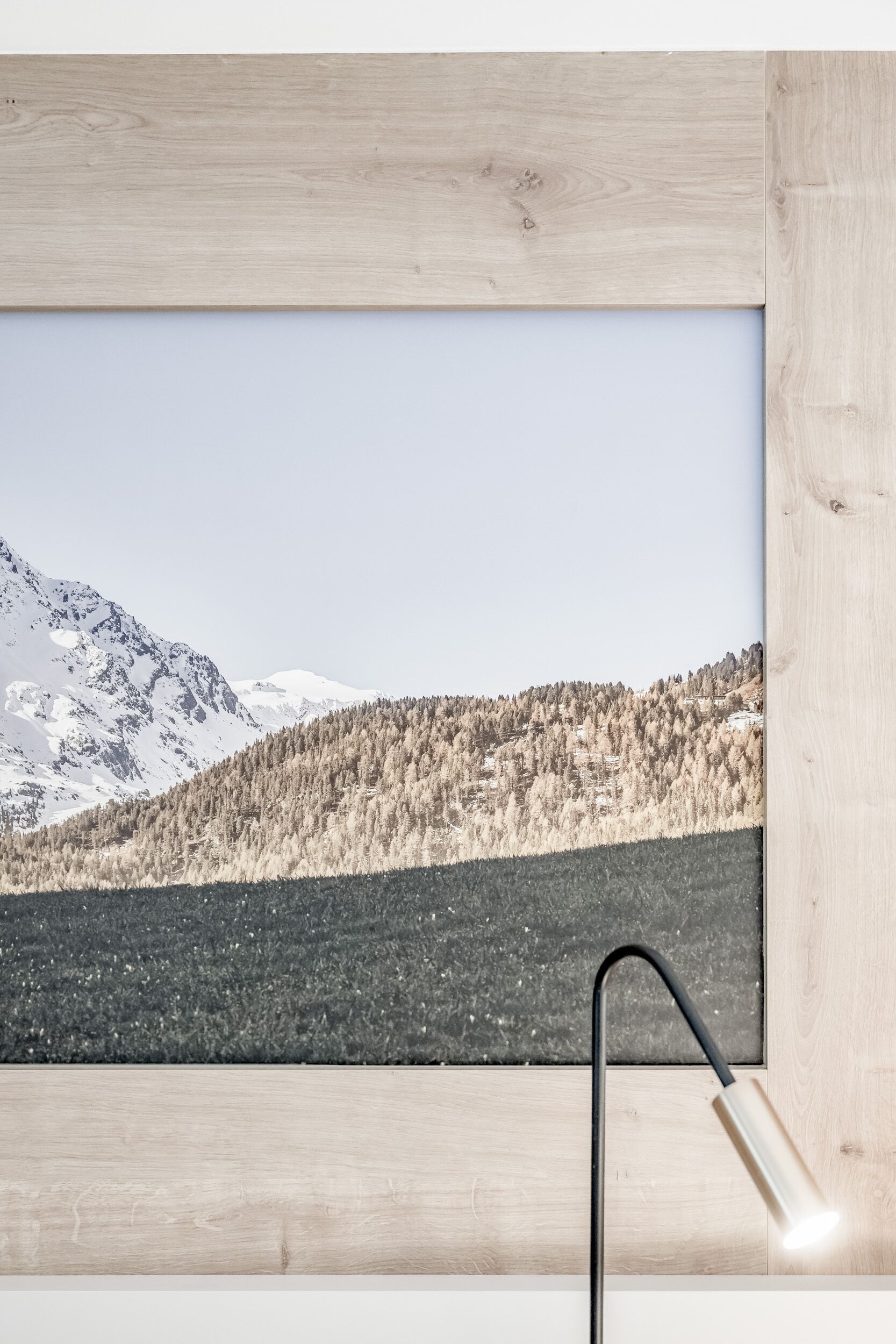 Un tableau représentant un paysage, encadré, avec une vue sur une montagne et une forêt, un objet en métal noir et un cadre en bois.