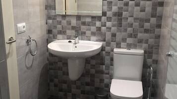 Un bany amb un lavabo, vàter i un mirall sobre el lavabo.