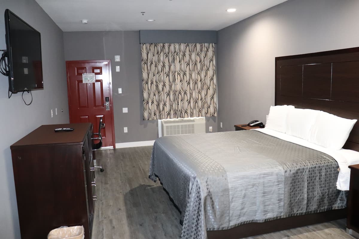 A hotel room with a bed, a dresser, a desk, a chair, a television, and a window with curtains.