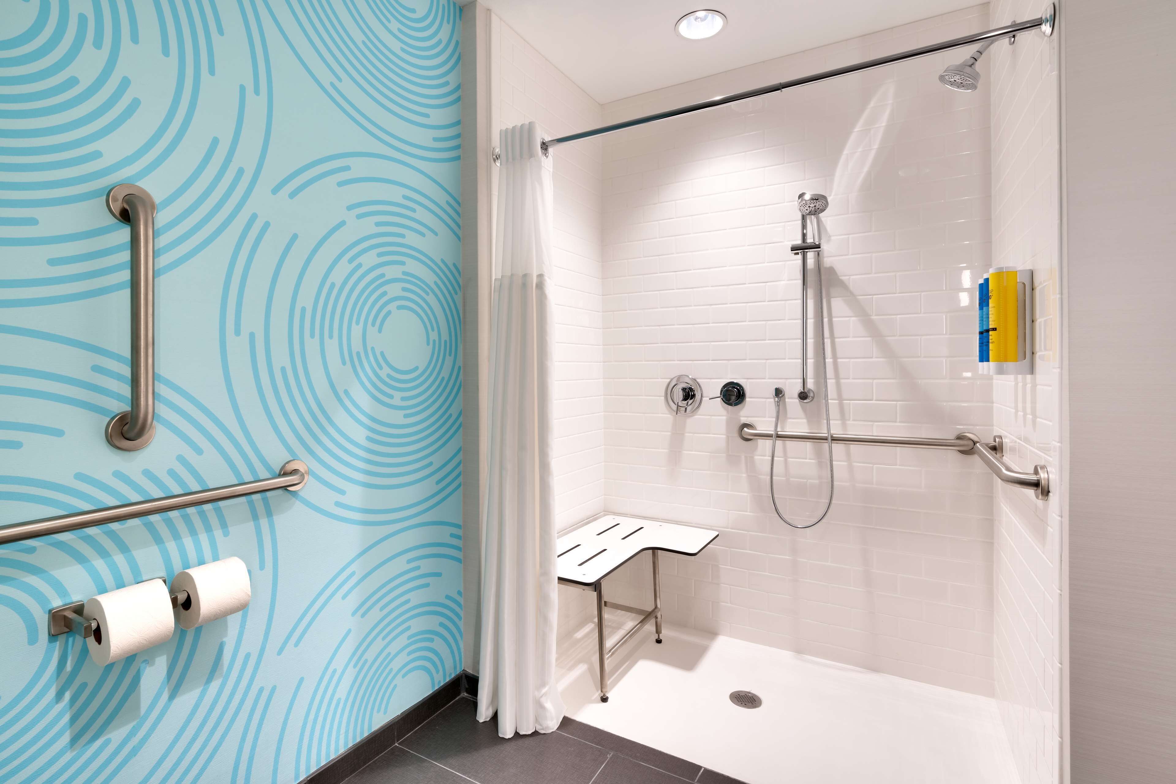 A modern bathroom with a shower, grab bars, and a toilet paper holder.