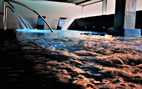 A large indoor pool with a central water feature and a curved metal structure.