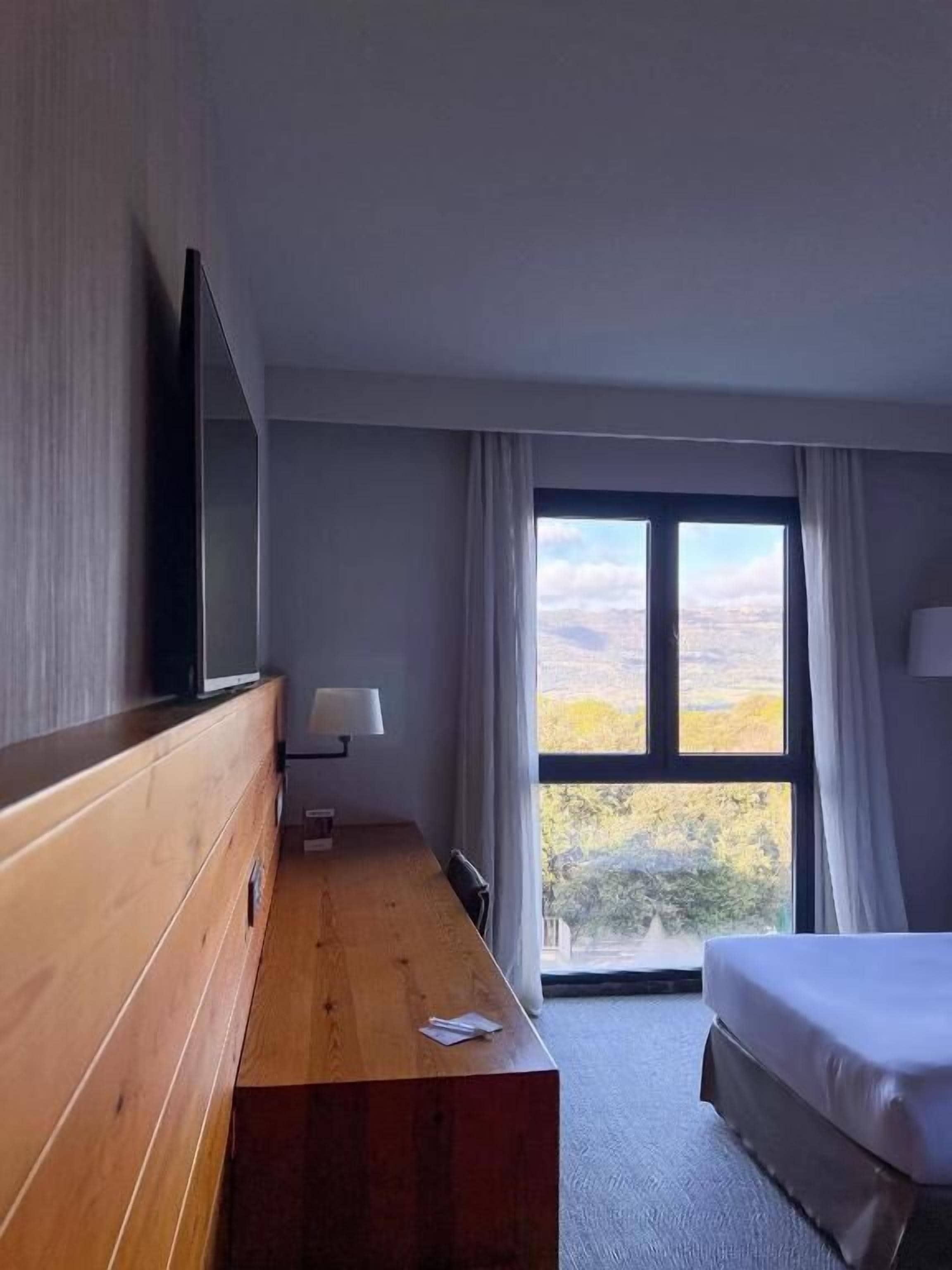 A hotel room with a wooden desk, a bed, a TV mounted on the wall, a window with curtains, and a view of the outdoors.