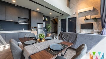 Fridge, microwave, electric kettle, high chair