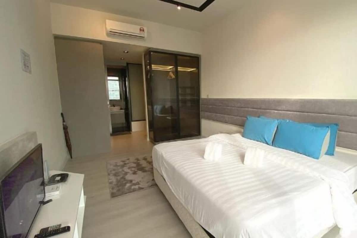 Desk, laptop workspace, blackout drapes, iron/ironing board