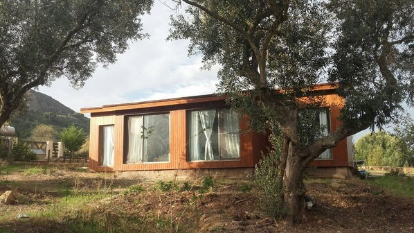 A modern house with large windows and a wooden exterior, surrounded by trees and a mountainous backdrop. - Biovilla Sustentabilidade (Palmela)