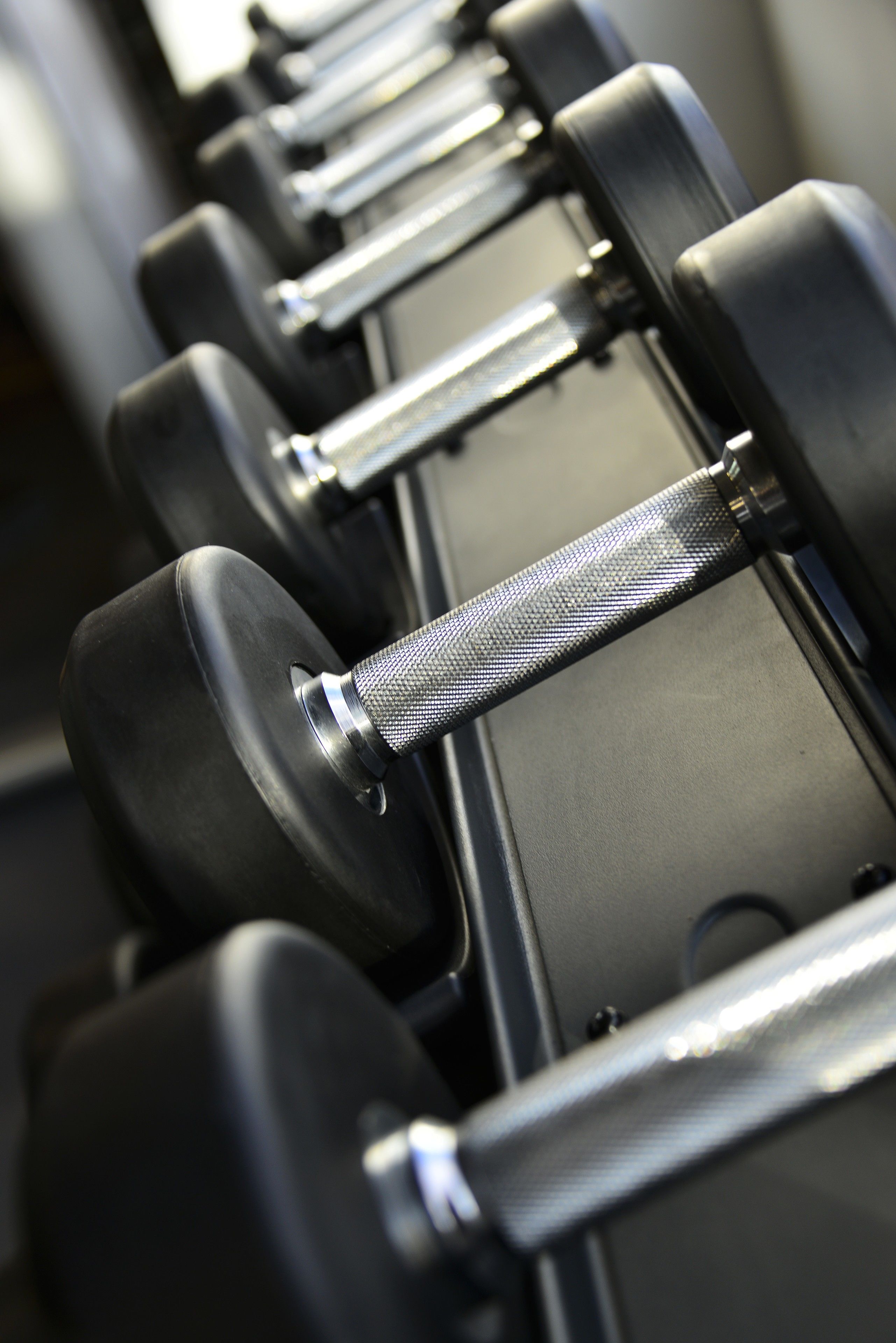 A close-up of a row of black dumbbells with textured handles and metallic bars.