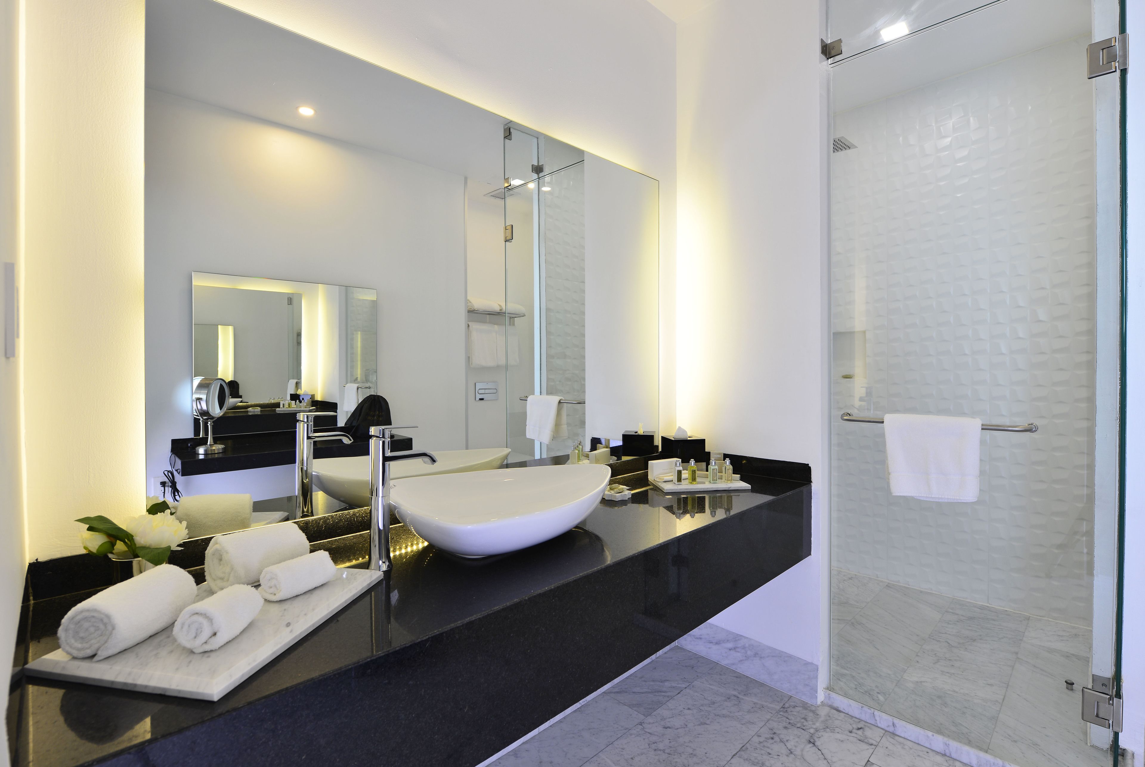 shower, rainfall showerhead, designer toiletries, hair dryer