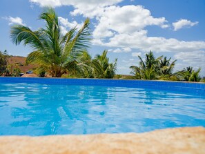 A clear blue swimming pool surrounded by palm trees and a clear sky. - Pousada Matusa (Jijoca de Jericoacoara)