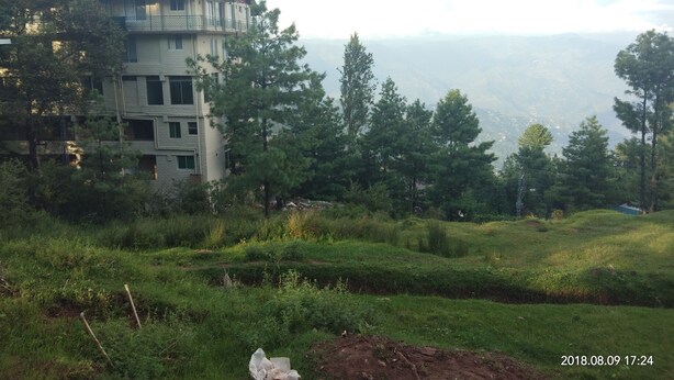 Un edificio de varios pisos con balcón, rodeado de vegetación y un paisaje montañoso.