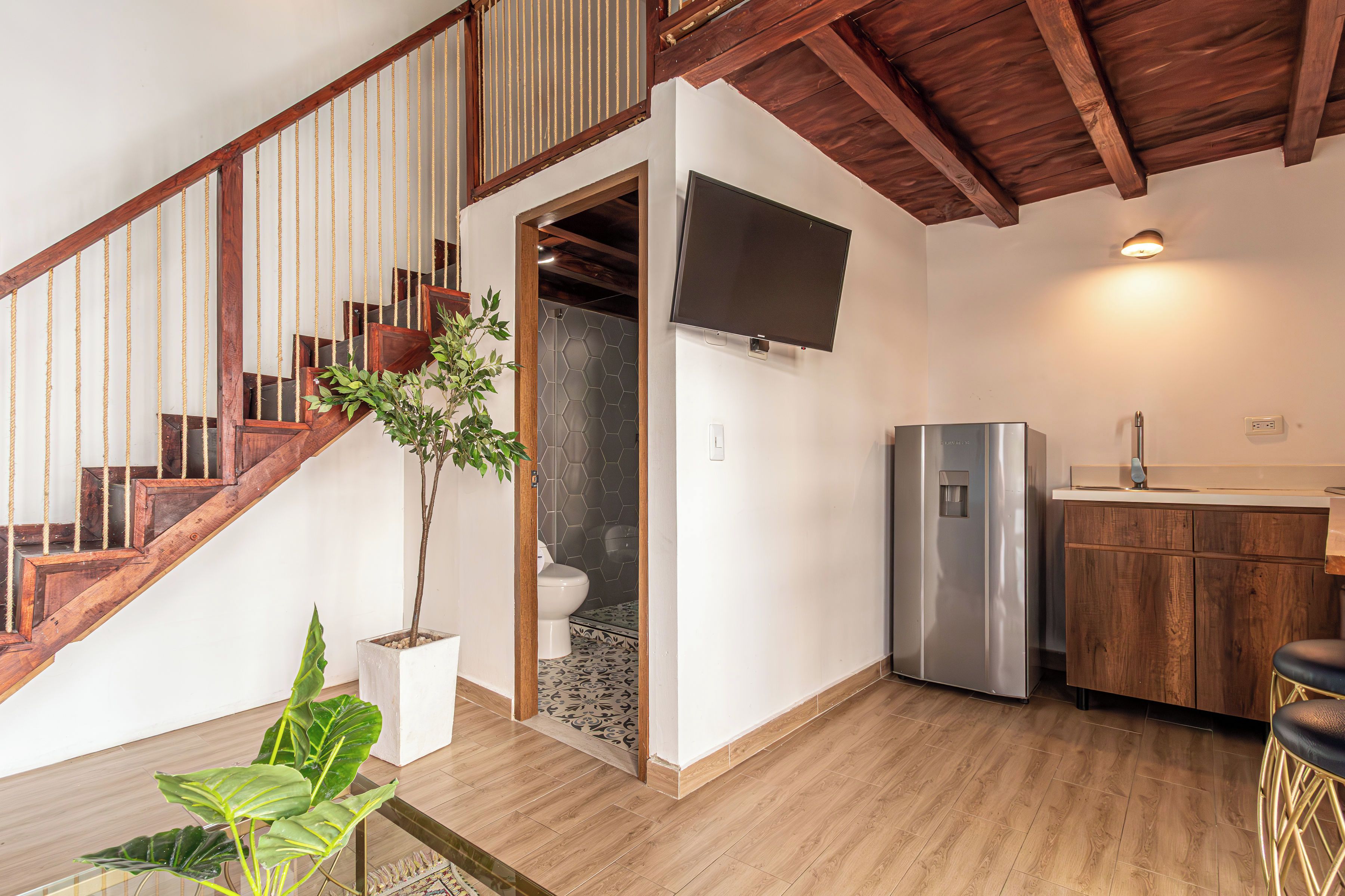 Un escalier avec des rampes en bois et une plante suspendue, menant à une salle de bain équipée de toilettes et d’une douche.