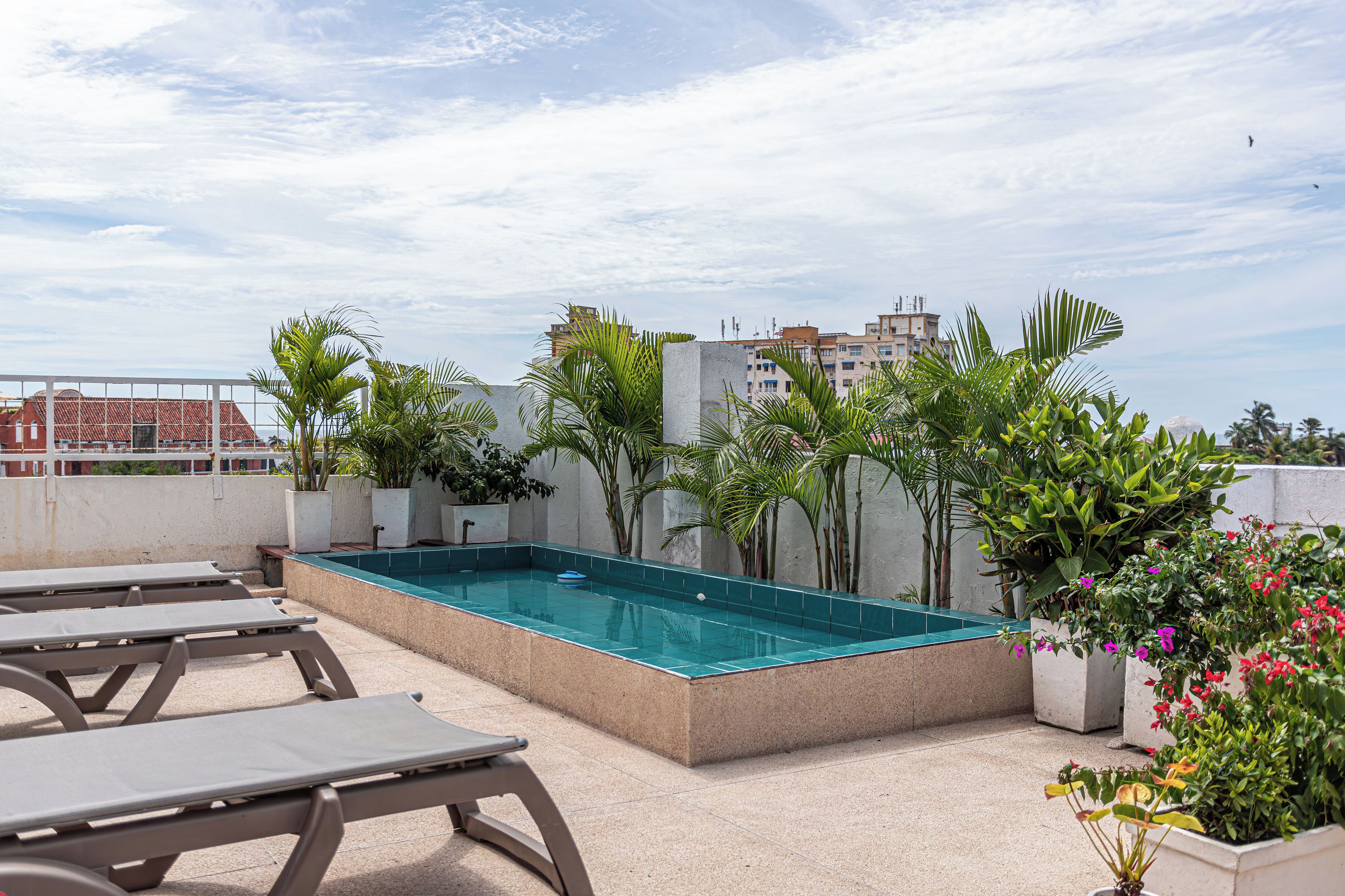 A rooftop pool area with lounge chairs and potted plants.