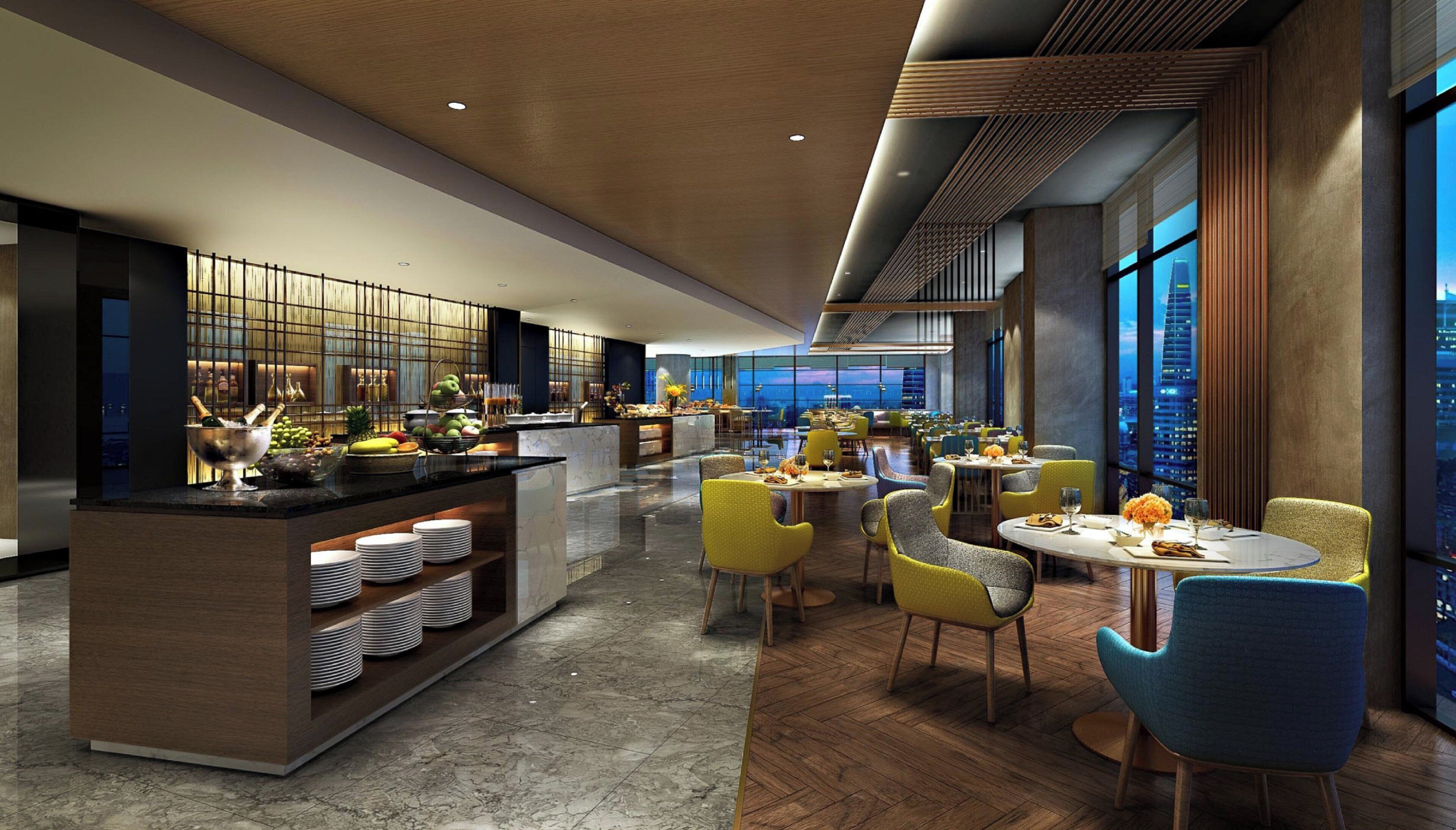A modern restaurant with a bar area, dining tables, and chairs, featuring a city view.